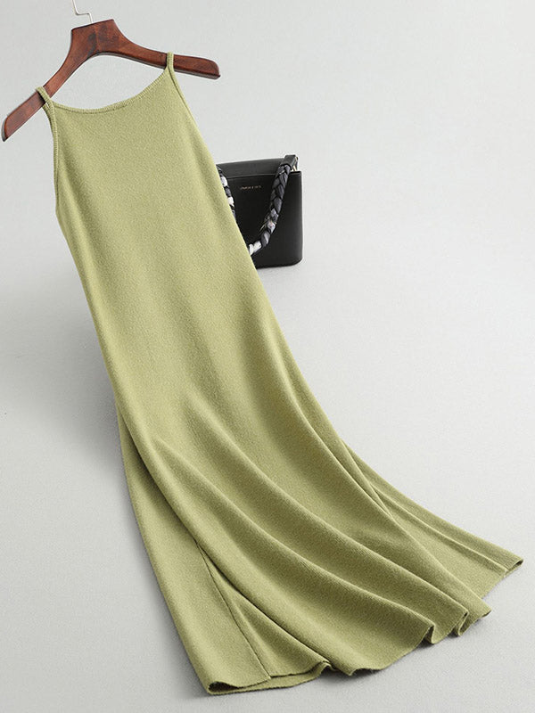 Solid Color A-Line High Waisted Spaghetti-Neck Midi Dresses