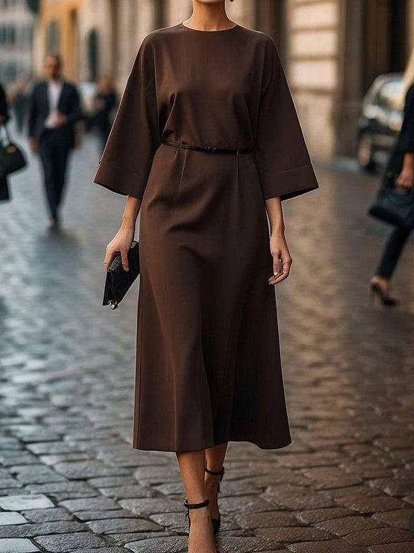 Pleated Solid Color Split-Joint Loose Three-Quarter Sleeves Round-Neck Midi Dresses
