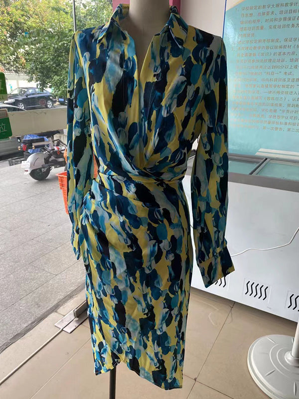 Asymmetric Pleated Printed Split-Joint High Waisted Long Sleeves Deep V-Neck Midi Dresses