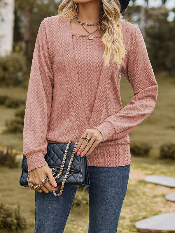 Colorful Solid Color Long Sleeves Loose Square-neck T-Shirts Tops