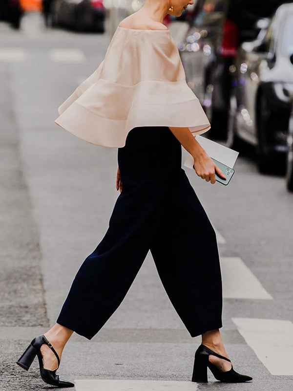 Solid Color Split-Joint Loose Off-The-Shoulder Blouses&Shirts Tops