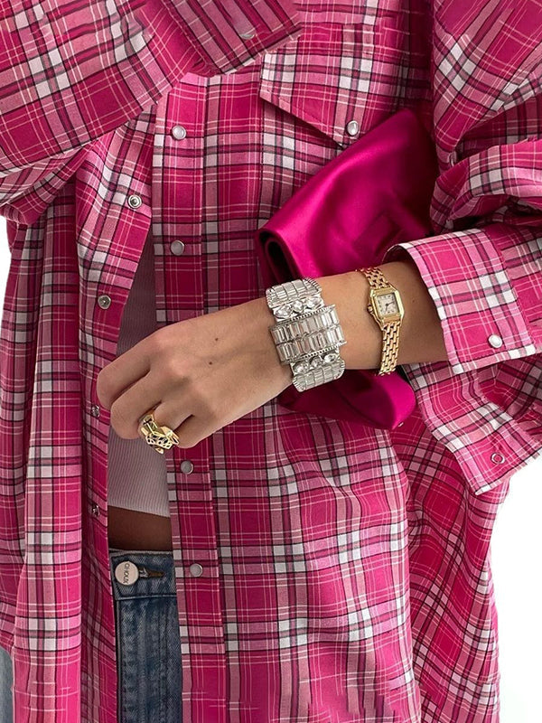 Buttoned Plaid Pockets Long Sleeves Loose Lapel Blouses&Shirts Tops