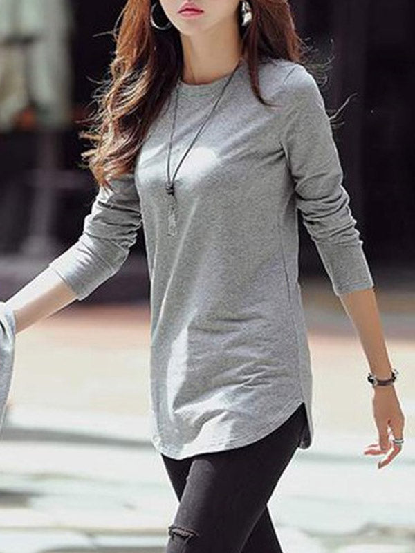 Solid Color Long Sleeves Round-Neck T-Shirts Tops