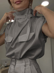 Loose Sleeveless Buckle Solid Color Stand Collar Blouses&Shirts Tops
