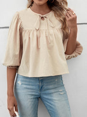 Elasticity Pleated Solid Color Split-Joint Tied Half Sleeves Loose Round-Neck T-Shirts Tops