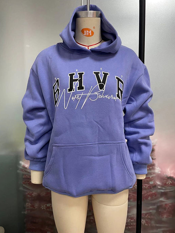Keep Warm Letter Print Velvet Long Sleeves Loose Hooded Hoodies Tops