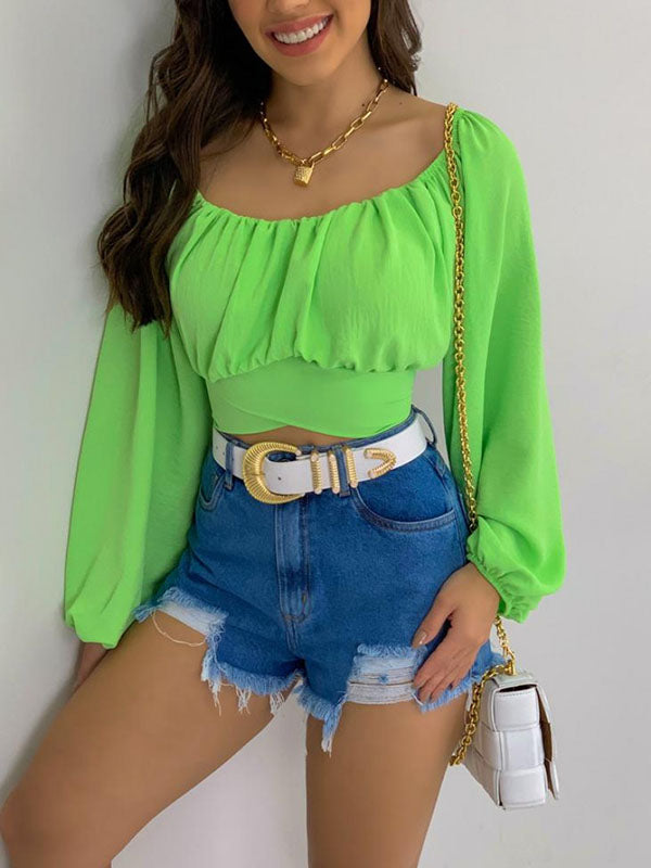 Elasticity Pleated Solid Color Long Sleeves Loose Off-the-shoulder Blouses