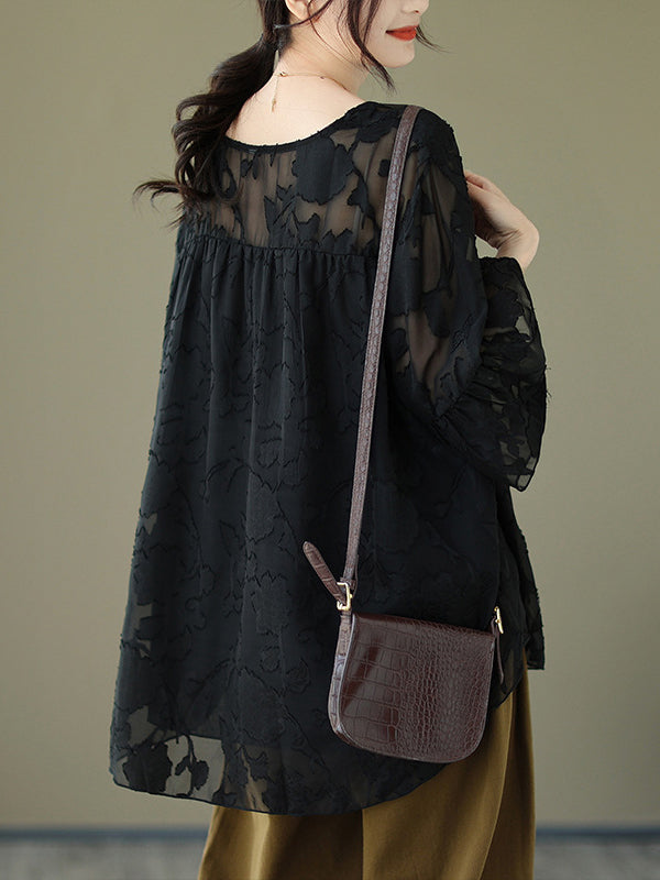 Falbala Pleated See-Through Split-Joint Loose Short Sleeves Round-Neck T-Shirts