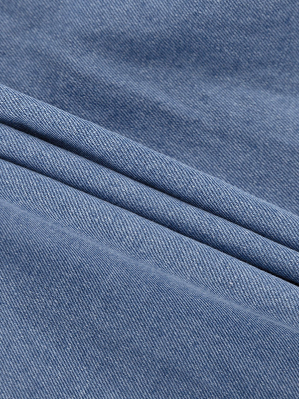 Long Sleeves Loose Split-Joint Tied Waist V-Neck Denim Mini Dresses