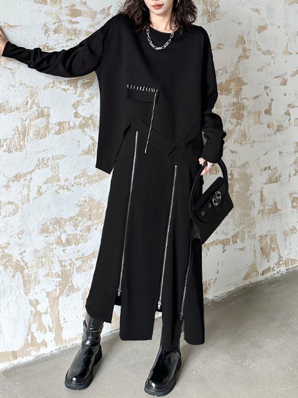 Asymmetric Long Sleeves Loose Round-Neck Sweatshirt Tops