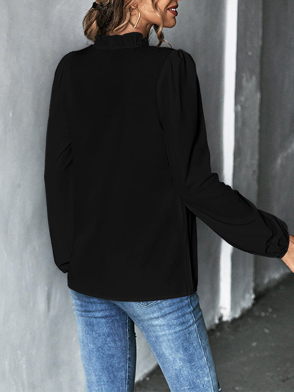 Ruffled Solid Color Long Sleeves Loose V-Neck Blouses&Shirts Tops