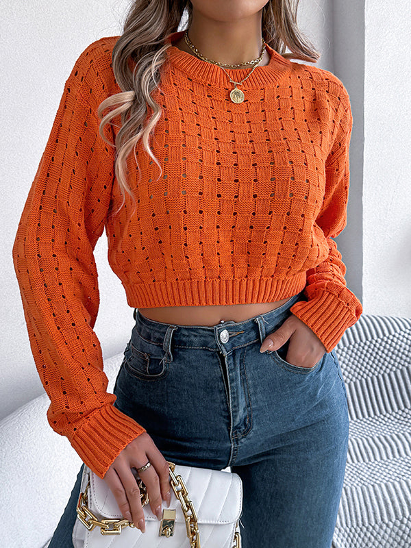 Backless Buttoned Hollow Solid Color Split-Joint Long Sleeves Loose Round-Neck Sweater Tops Pullovers