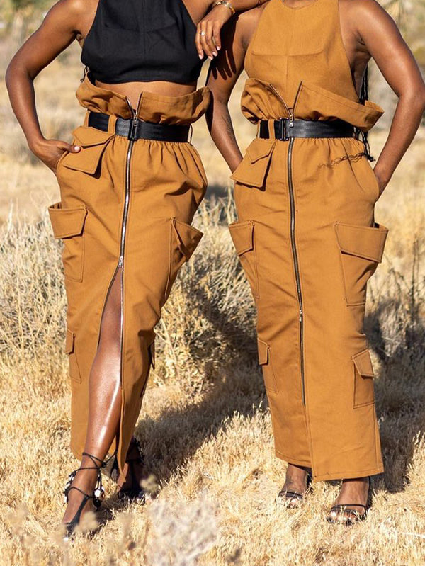 Belted Pleated Pockets Split-Back Split-Front Split-Joint Zipper Loose Skirts Bottoms