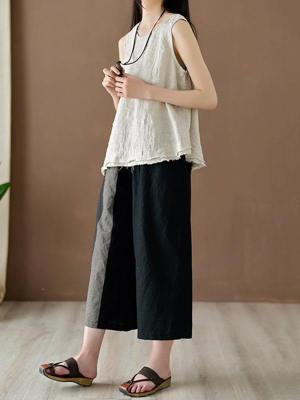 Fringed Solid Color Loose Sleeveless Round-Neck Vest Top