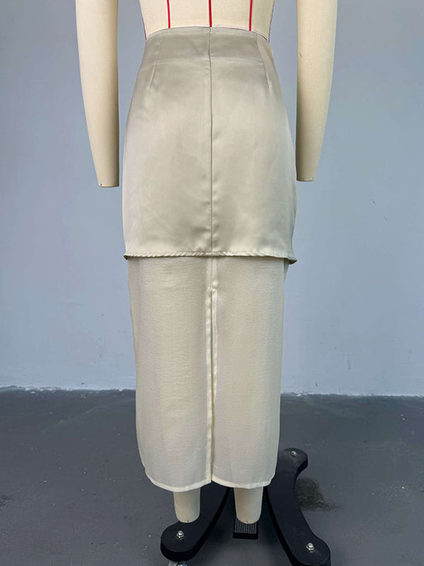 Loose Solid Color See-Through Long Sleeves Lapel Blouse + Skirt Two Pieces Set