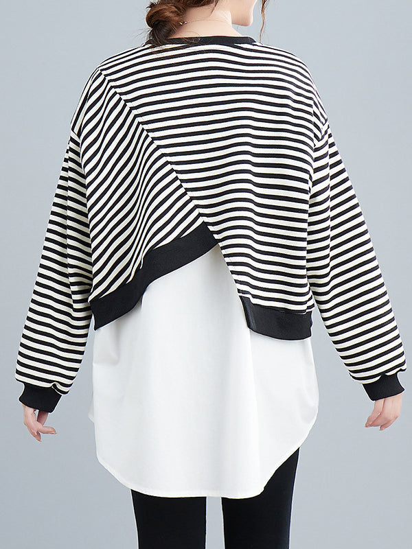Original Long Sleeves False Two Striped Round-Neck Hoodies&Sweatshirt Tops