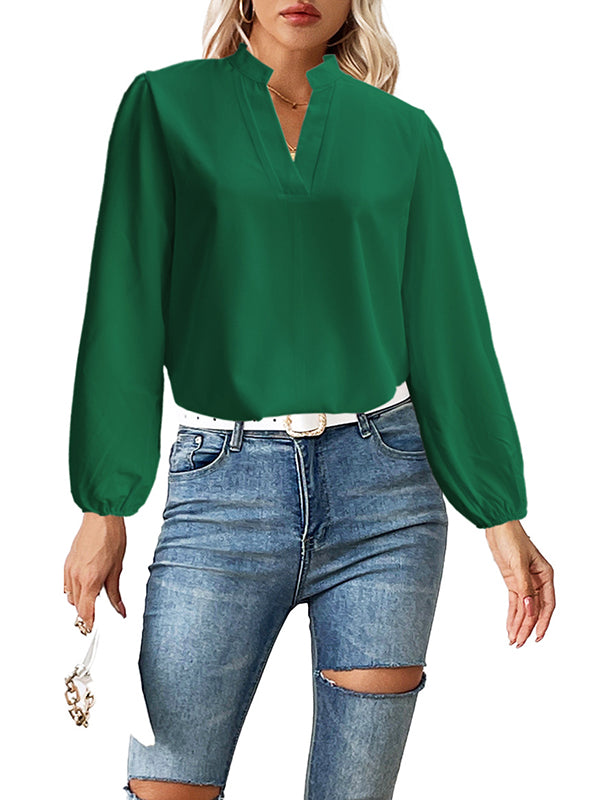 Elasticity Solid Color Long Sleeves Loose Stand Collar Blouses&Shirts Tops