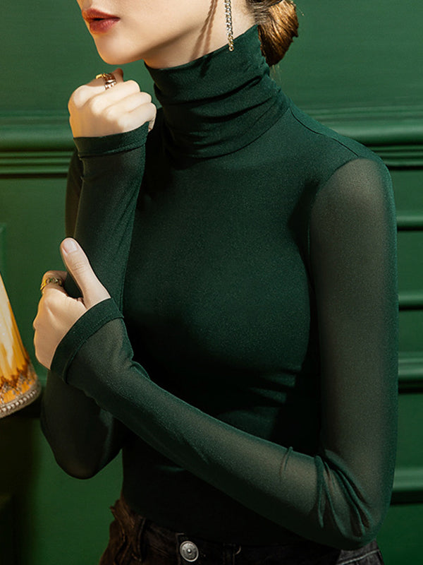 See-Through Solid Color Split-Joint Long Sleeves Plus Size High Neck T-Shirts