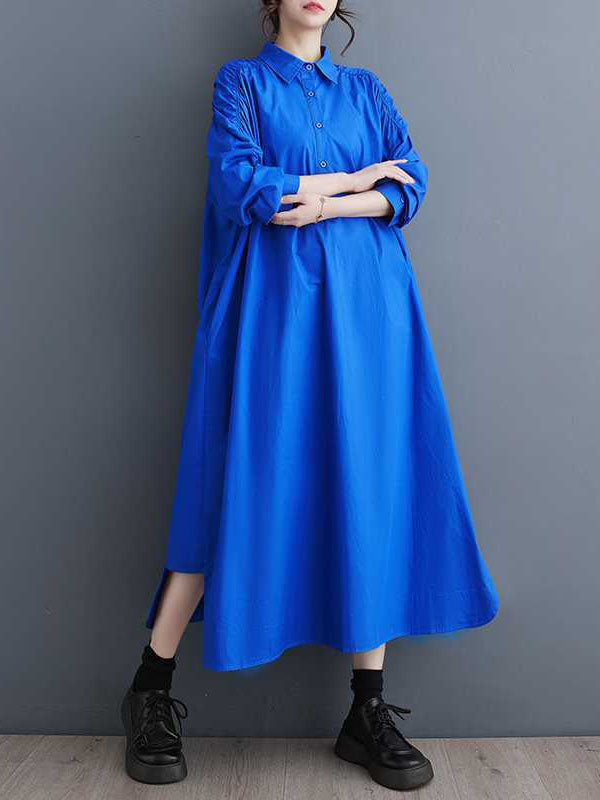 Buttoned Hollow Pleated Pockets Solid Color A-line Long Sleeves Lapel Shirt Dress Midi Dresses