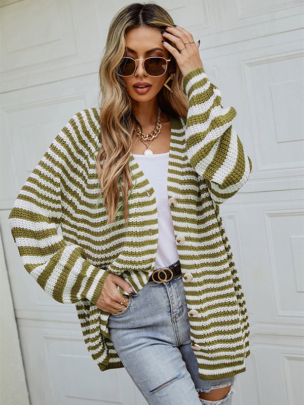 Casual Loose Long Sleeves Striped V-Neck Cardigan Tops