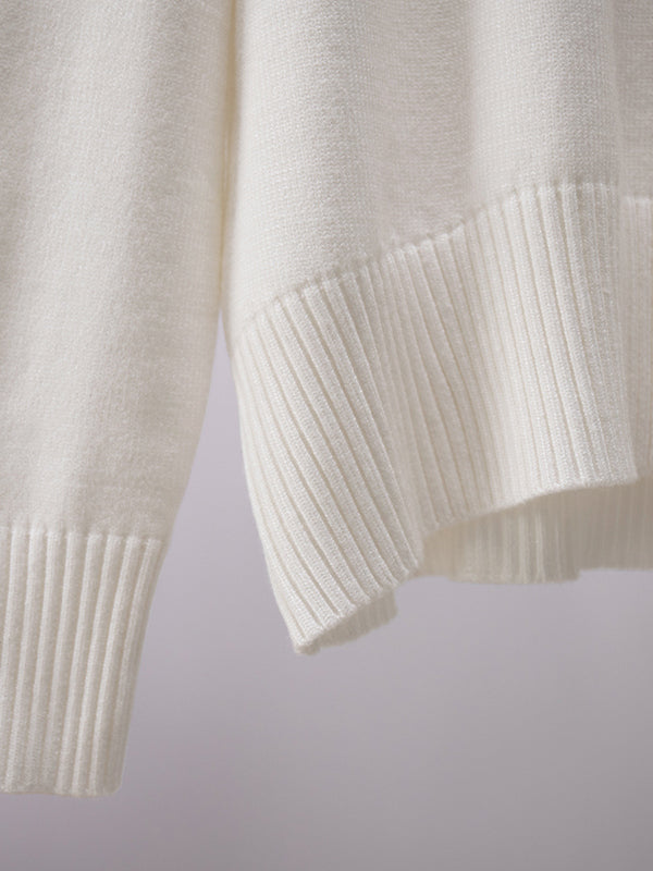 Solid Color Split-Joint High-Low Long Sleeves High Neck Sweater Tops