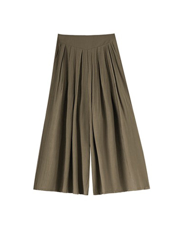 Pleated Solid Color Split-Joint High Waisted Wide Leg Pants