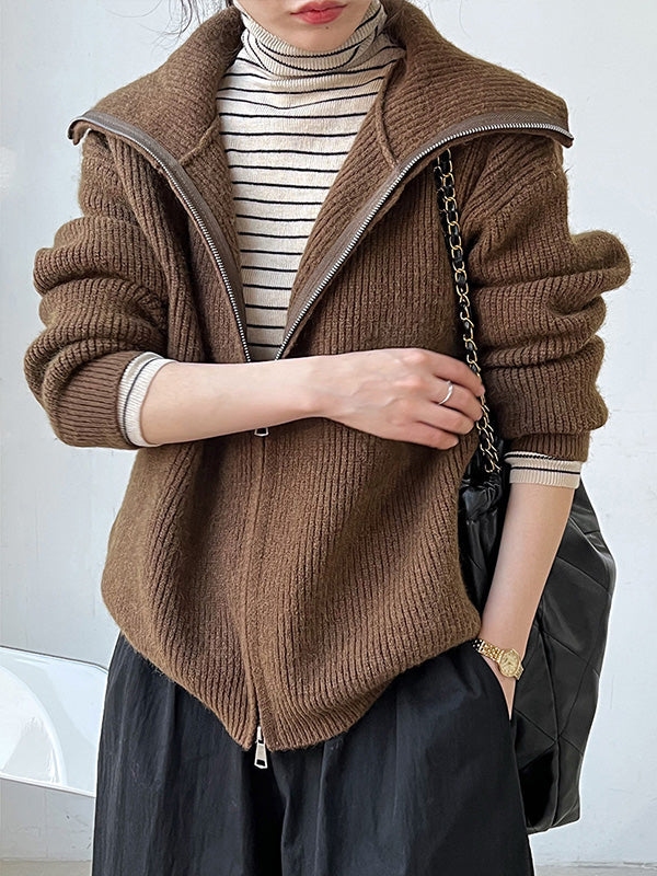 Solid Color Zipper Long Sleeves Loose Lapel Cardigan Tops