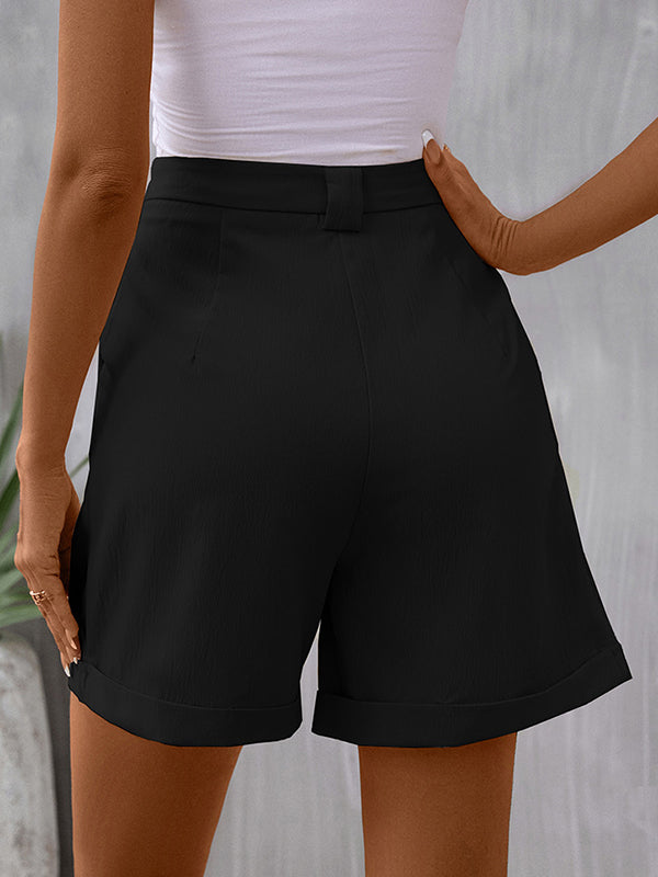 Pleated Pockets Solid Color High Waisted Loose Shorts Bottoms