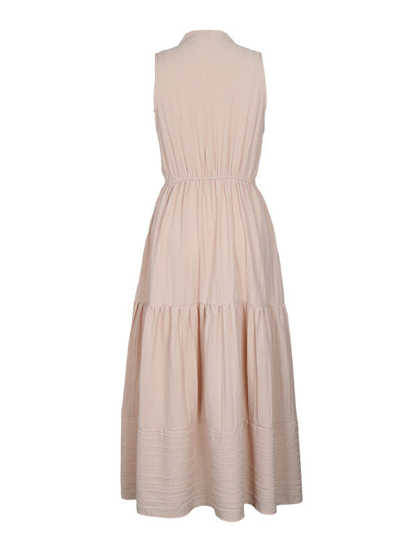 Buttoned Elasticity Pleated Split-Joint A-line High Waisted V-neck Midi Dresses