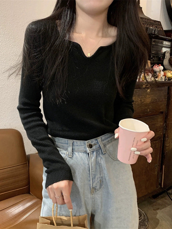 Colorful Solid Color Long Sleeves Skinny V-neck Sweater Tops Pullovers Knitwear