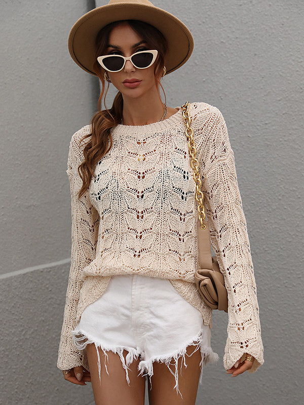 Original Creation Long Sleeves Loose Hollow Solid Color Round-Neck Sweater Tops