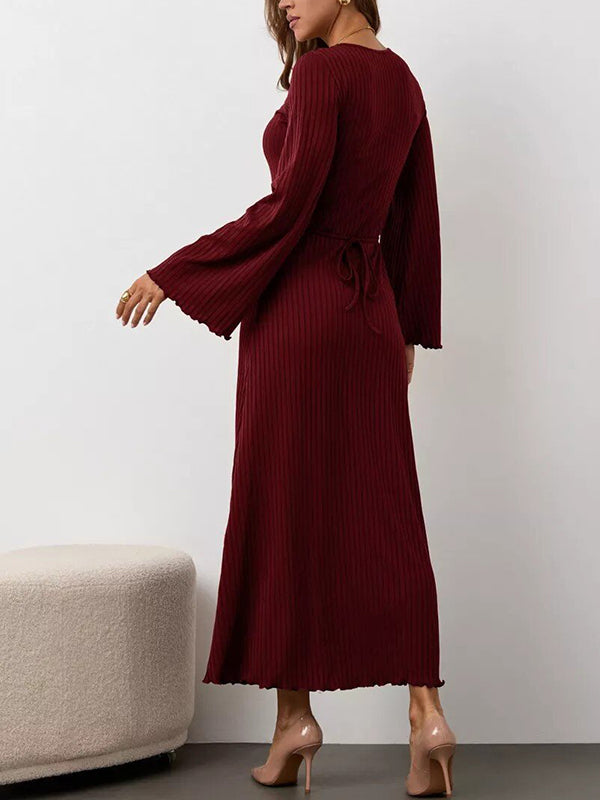 Pleated Ruffled Solid Color Split-Joint Long Sleeves Round-neck Maxi Dresses