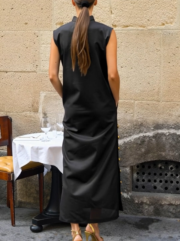 Buttoned Solid Color Split-Side Sleeveless Stand Collar Shirt Dress Maxi Dresses