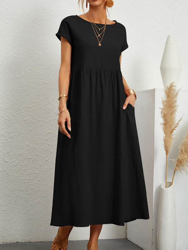 Pleated Solid Color Loose Short Sleeves Round-Neck Midi Dresses