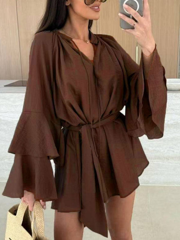 Lace-Up Pleated Solid Color Split-Joint Tiered Flared Sleeves Loose Round-neck Mini Dresses