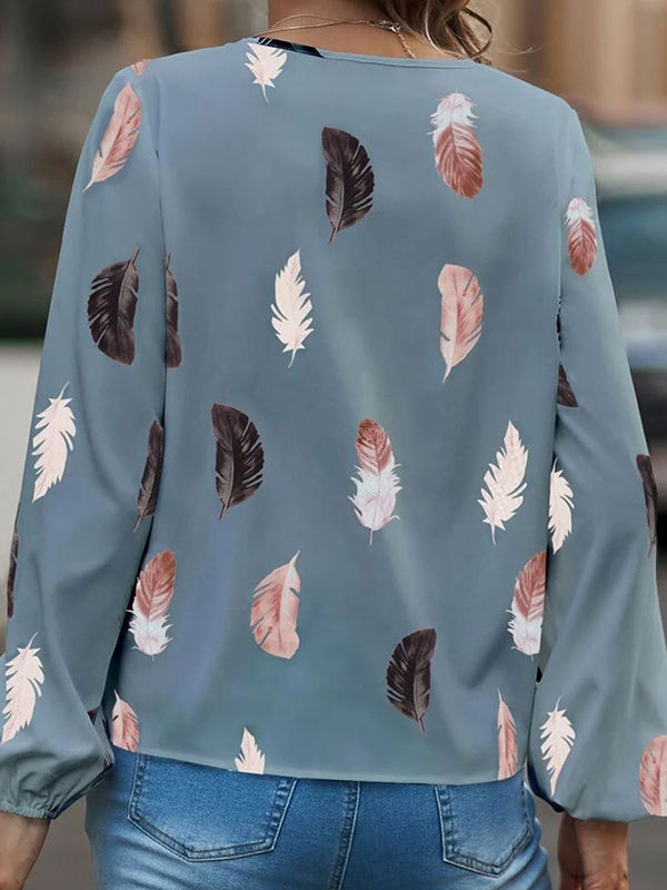 Printed Long Sleeves Loose V-Neck Blouses&Shirts Tops