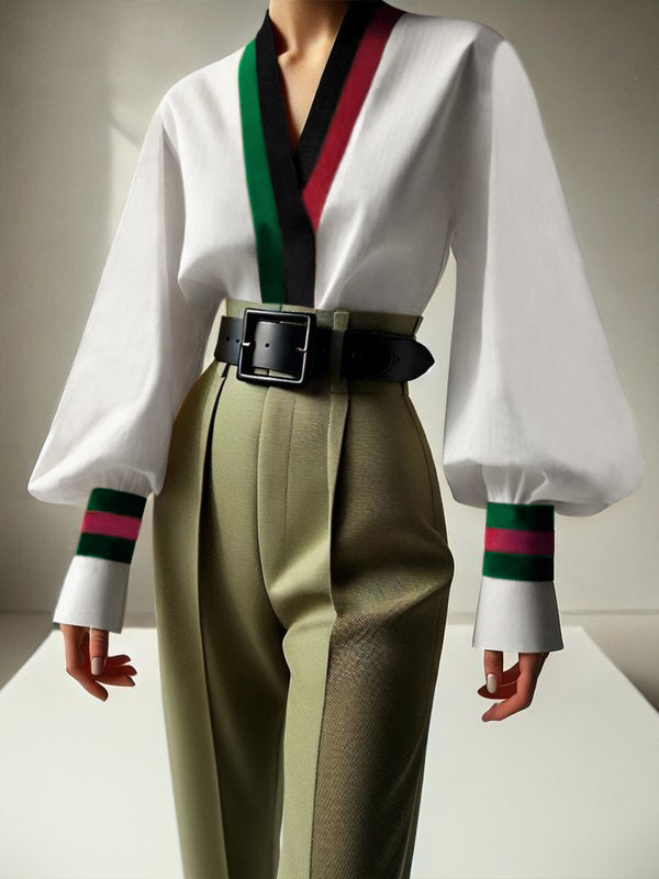 Contrast Color Pleated Long Sleeves Loose V-Neck Blouses&Shirts Tops