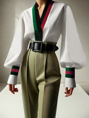 Contrast Color Pleated Long Sleeves Loose V-Neck Blouses&Shirts Tops