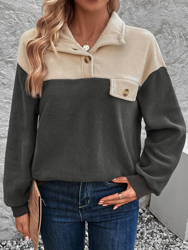 Buttoned Contrast Color Split-Joint Velvet Long Sleeves Loose Stand Collar Sweatshirt Tops
