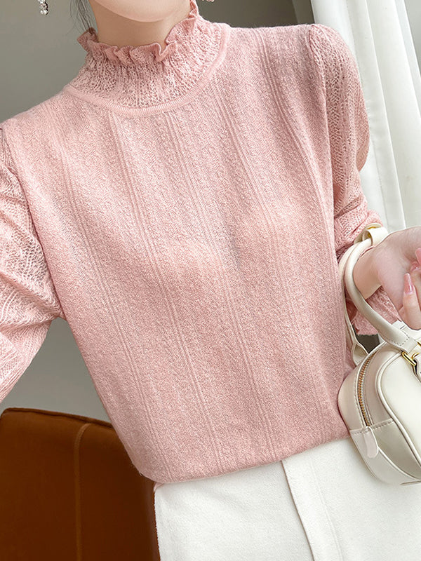 Elasticity Ruffle Trim Solid Color Long Sleeves Loose Mock Neck T-Shirts Tops