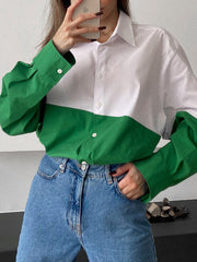 Buttoned Contrast Color Long Sleeves Loose Lapel Blouses&Shirts Tops
