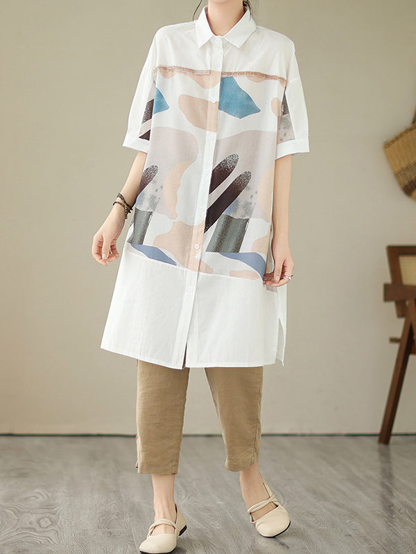 Printed Split-Joint Split-Side Loose Short Sleeves Lapel Midi Dresses