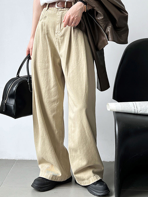 Belted Pleated Pockets High Waisted Wide Leg Jean Pants Bottoms