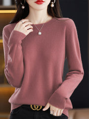 Casual Long Sleeves Loose Solid Color Round-Neck Sweater Tops