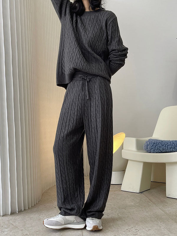 Casual Loose Long Sleeves Jacquard Solid Color Round-Neck Sweater Tops