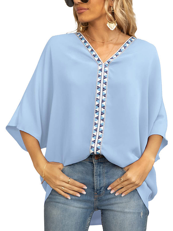 Split-Joint Batwing Sleeves Loose V-neck Blouses&shirts Tops