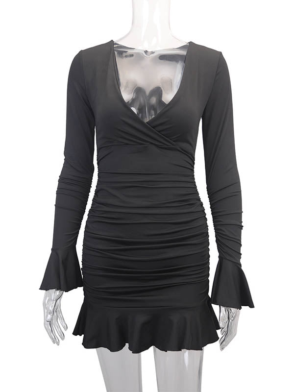 Pleated Ruffled Solid Color Split-Joint Bodycon Elasticated Waist V-Neck Midi Dresses