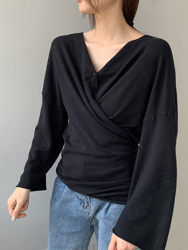Buttoned Solid Color Long Sleeves Loose V-Neck Cardigan Tops