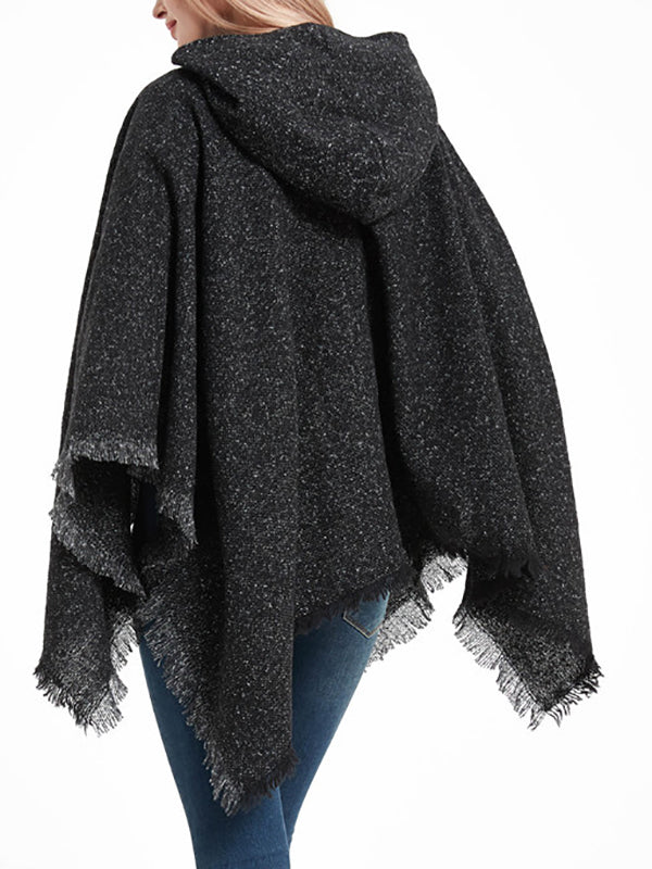 Fringed Hooded Keep Warm Solid Color Shawl&Cloak Cape
