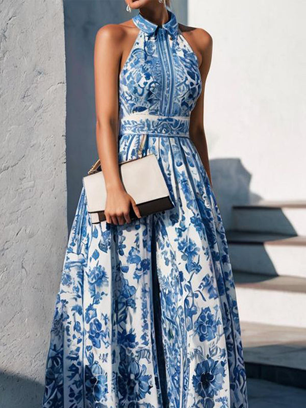 Flower Print Split-Joint A-Line Loose Lapel Maxi Dresses
